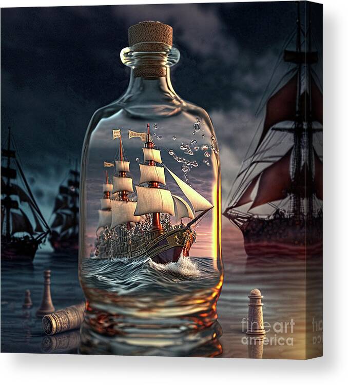 Ship Canvas Print featuring the digital art Ship in a glass bottle AI Art by Mark Ashkenazi