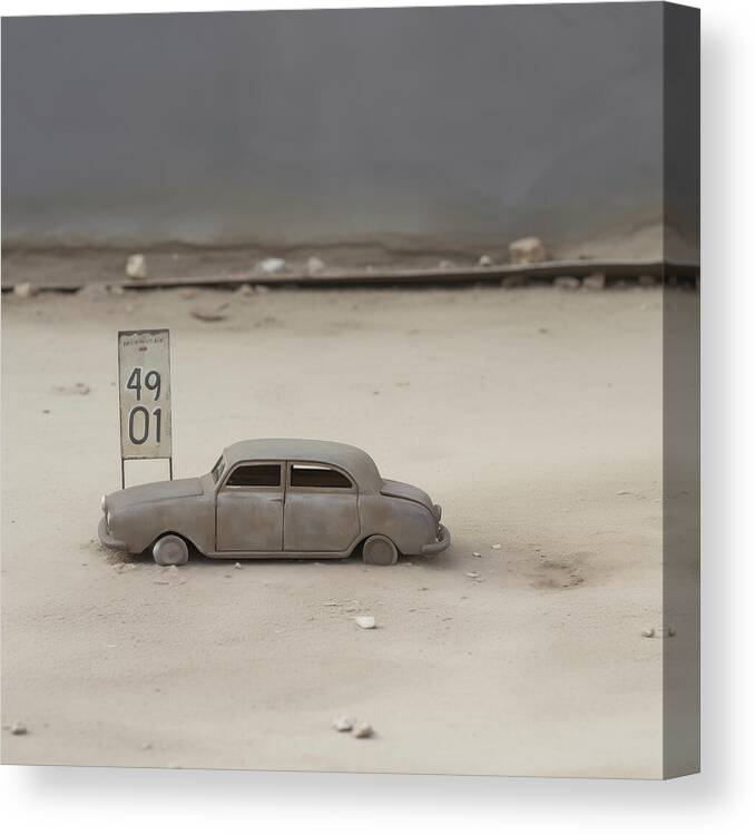 Antique Canvas Print featuring the digital art Silver Tin Toy Sedan with no Tires by Yo Pedro