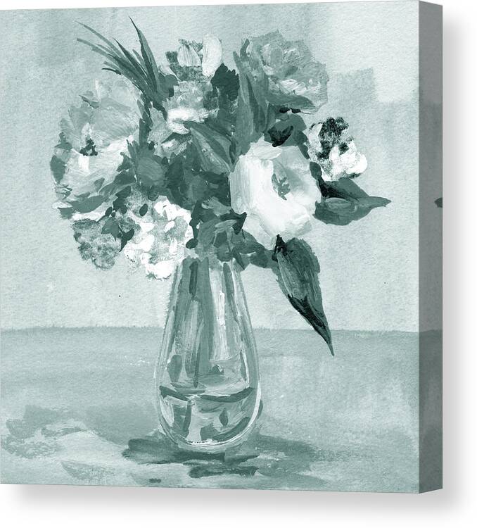 Flowers Canvas Print featuring the painting Soft Vintage Teal Gray Flowers Bouquet Summer Floral Impressionism I by Irina Sztukowski