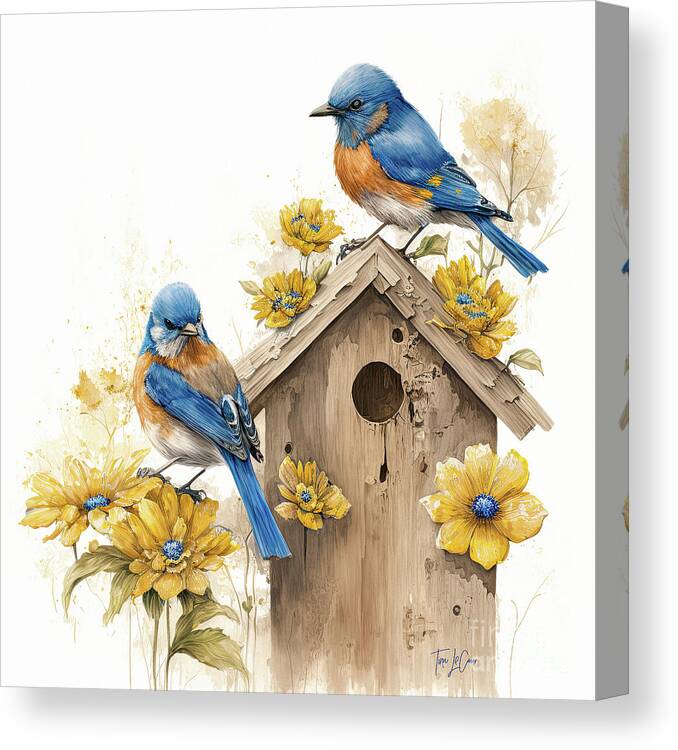 Bluebirds Canvas Print featuring the painting Spring Bluebirds by Tina LeCour