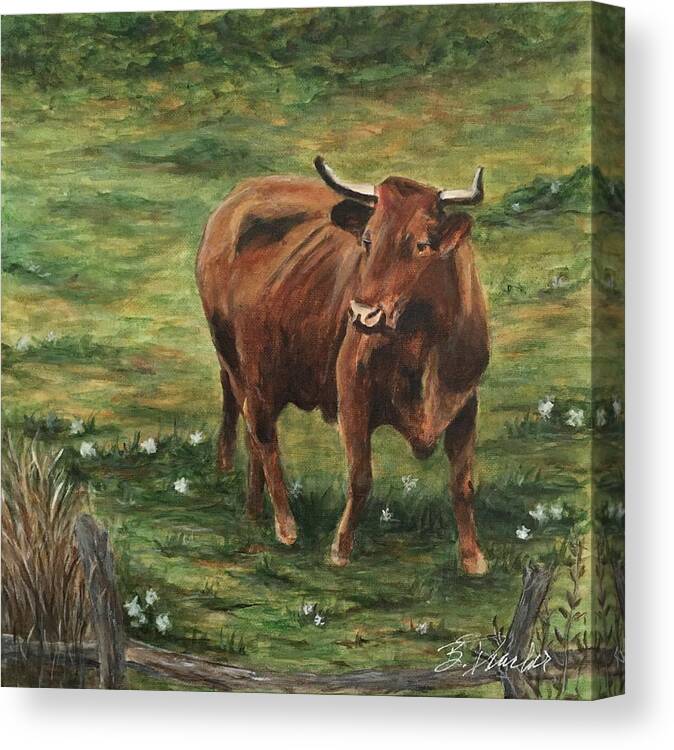 Spanish Bull Canvas Print featuring the painting standing Bull by Bonnie Peacher