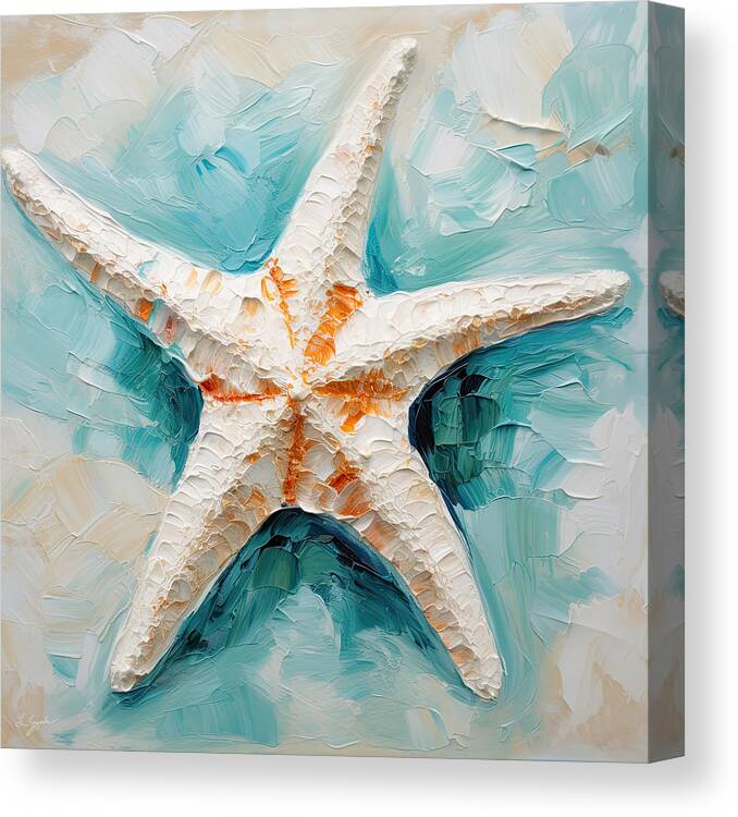 Seashell Canvas Print featuring the painting Starfish Serenade - Teal and Orange Art by Lourry Legarde