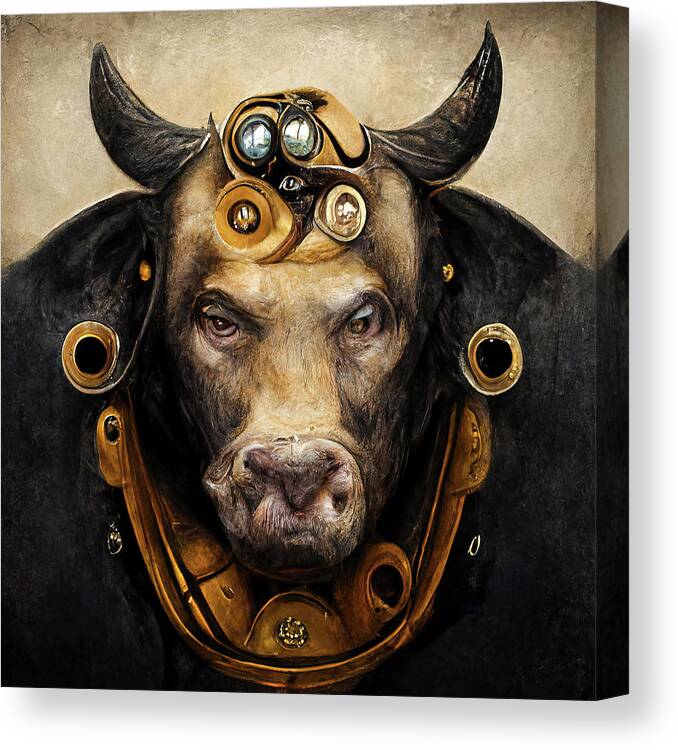 Bull Canvas Print featuring the digital art Steampunk Animal 08 Bull Portrait by Matthias Hauser