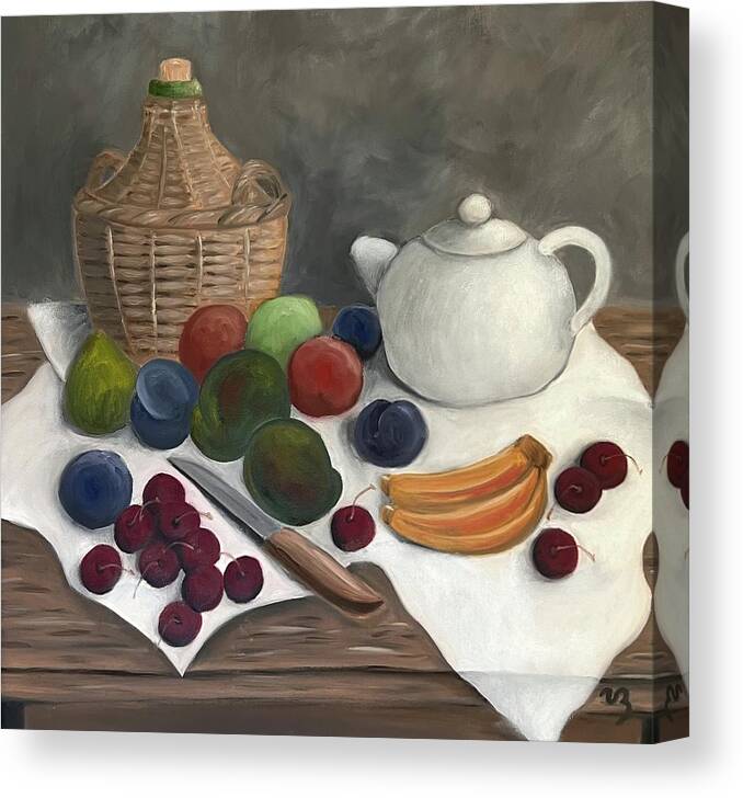 Still Life Canvas Print featuring the painting Still Life with Jug Wine and Fruits by Victoria Lakes
