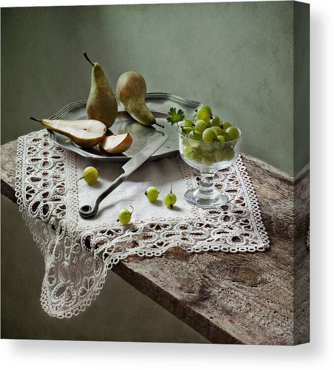 Wood Canvas Print featuring the photograph Still life with pears and gooseberries by Photography by Polina Plotnikova