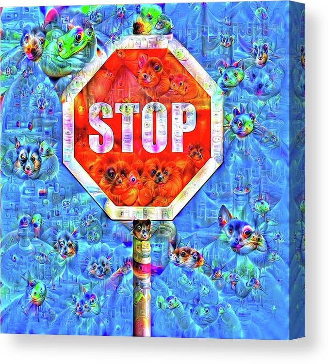 Stop Canvas Print featuring the digital art Stop Sign Surreal Deep Dream Image by Matthias Hauser