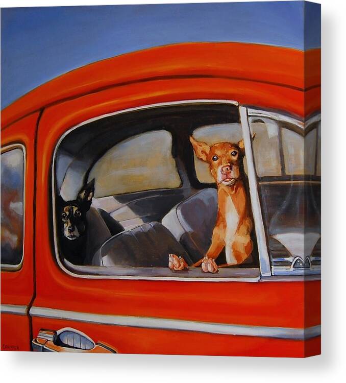 Dogs Canvas Print featuring the painting If We're Such Good Boys Why Did You Leave Us In The Car by Jean Cormier
