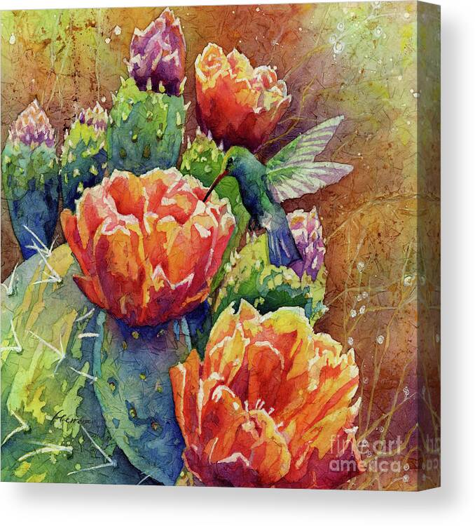 Cactus Canvas Print featuring the painting Summer Hummer - Prickly Pear by Hailey E Herrera