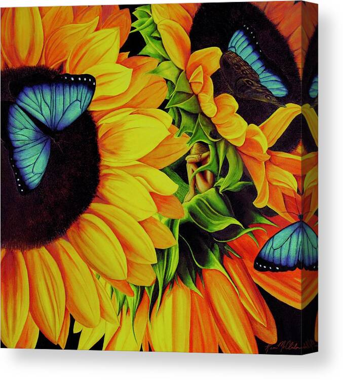 Kim Mcclinton Canvas Print featuring the painting Blue Morpho Sunflower Dream by Kim McClinton