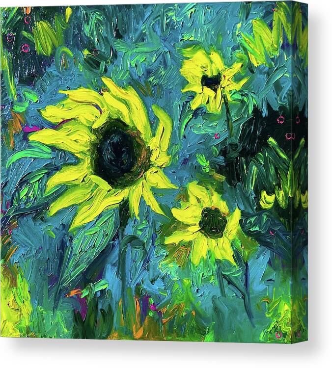 Sunflowers Canvas Print featuring the painting Sunflowers on teal by Chiara Magni