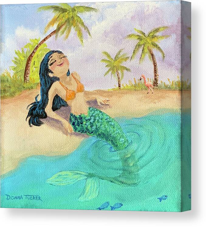 Fantasy Art Canvas Print featuring the painting Sunning Mermaid by Donna Tucker