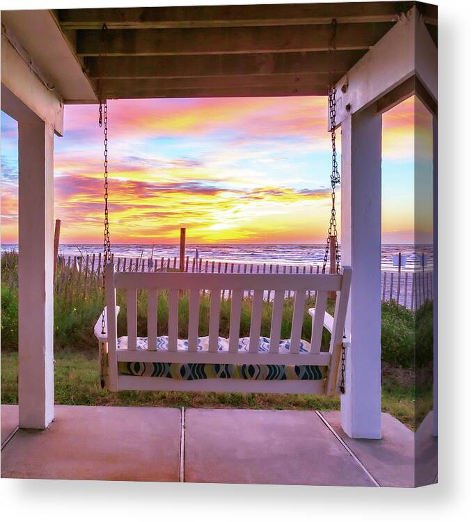 Sunrise Canvas Print featuring the photograph Sunrise Bench In Galveston by James Eddy