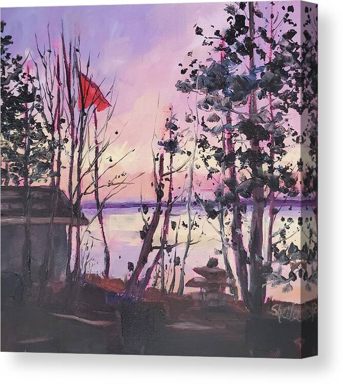 Landscape Canvas Print featuring the painting Sunset Lakeside by Sheila Romard