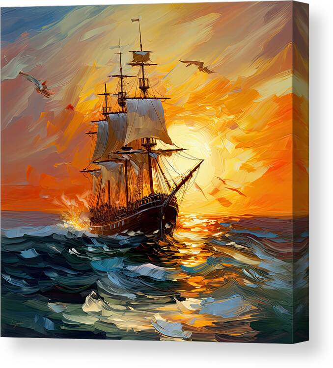 Tall Ship Art Canvas Print featuring the painting Sunset Sails - Impressionist Tall Ship Sailing into the Sunset by Lourry Legarde
