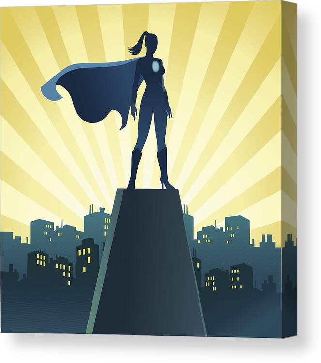 Toughness Canvas Print featuring the drawing Superhero Woman on Watch With Skyline by VasjaKoman
