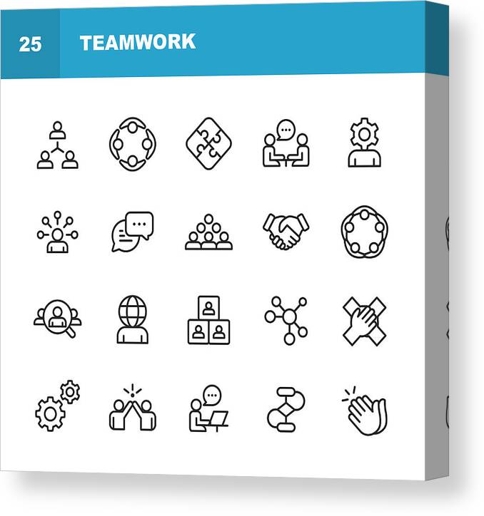 Working Canvas Print featuring the drawing Teamwork Line Icons. Editable Stroke. Pixel Perfect. For Mobile and Web. Contains such icons as Business Meeting, Cooperation, Applause, High Five, Leadership. by Rambo182