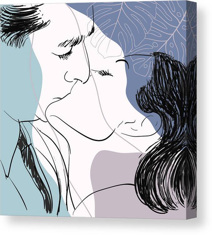 Teamwork Canvas Print featuring the drawing The director and his secretary N 01. Sensual mature couple kissing illustration Love at work concept by Mounir Khalfouf