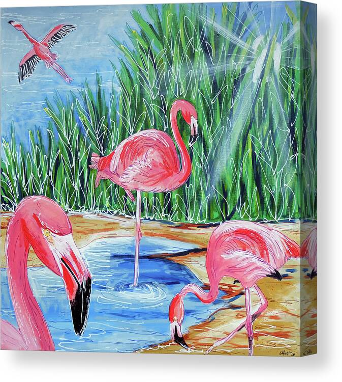 Flamingo Canvas Print featuring the painting The Flamingos by Laura Hol Art