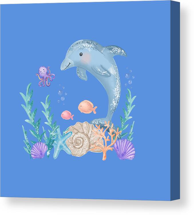 Underwater Canvas Print featuring the mixed media The Happy Dolphin In The Magical Coral Reef by Johanna Hurmerinta