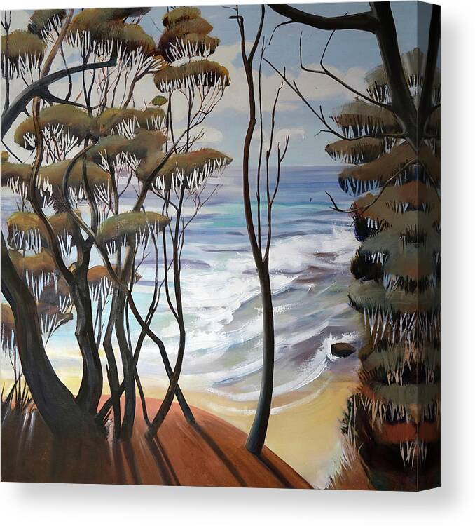 Shirley Peters Canvas Print featuring the painting Through Trees to Coast by Shirley Peters