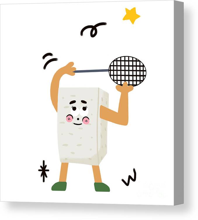 Tofu，bean Curd Canvas Print featuring the drawing Tofu loves playing badminton by Min Fen Zhu
