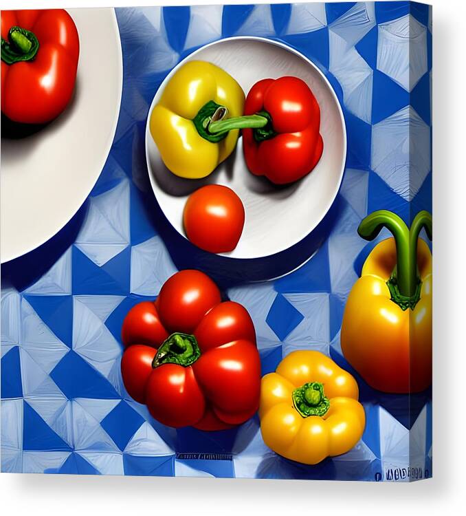 Fruit Canvas Print featuring the digital art Tomatoes and Peppers by Katrina Gunn