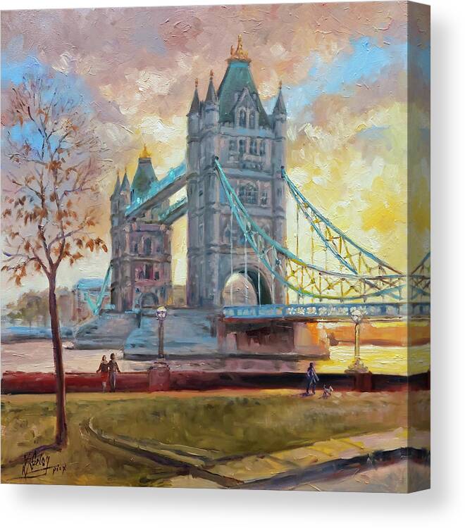 London Canvas Print featuring the painting Tower Bridge - London Sunrise by Irek Szelag
