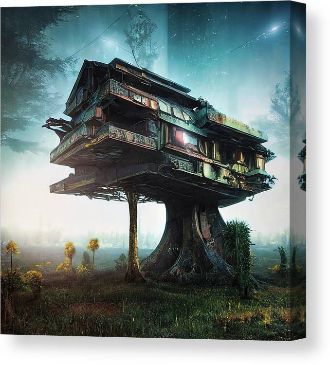 Treehouse Canvas Print featuring the digital art Treehouse in the early morning mist by Micah Offman