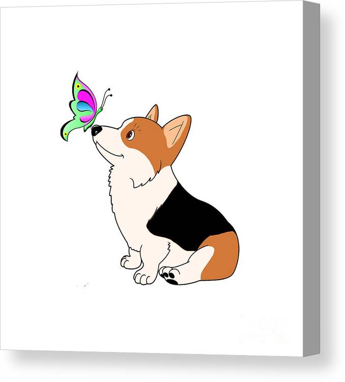 Welsh Corgi Canvas Print featuring the digital art Tricolor Corgi with Butterfly by Kathy Kelly