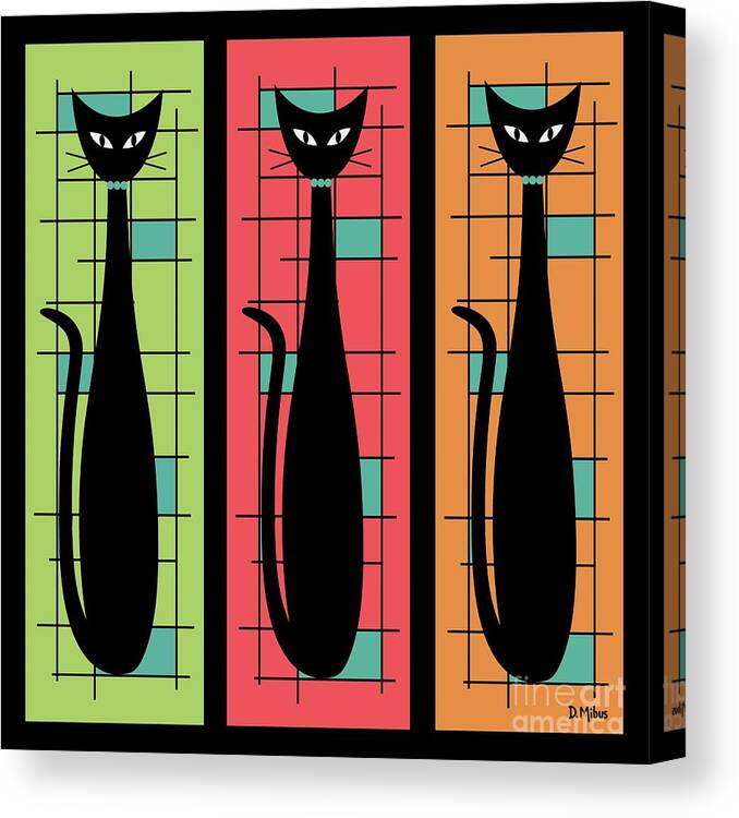 Mid Century Modern Canvas Print featuring the digital art Trio of Cats Green, Salmon and Orange on Black by Donna Mibus