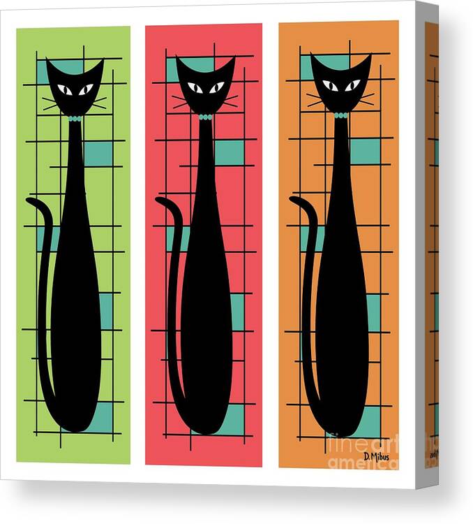 Mid Century Modern Canvas Print featuring the digital art Trio of Cats Green, Salmon and Orange on White by Donna Mibus