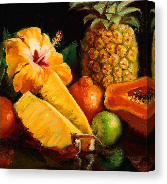 Tropical Canvas Print featuring the painting Tropical Hibiscus with Pineapple by Laurie Snow Hein