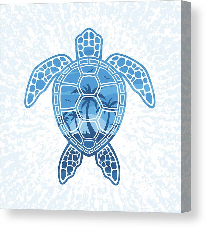 Blue Canvas Print featuring the digital art Tropical Island Sea Turtle Design in Blue by John Schwegel