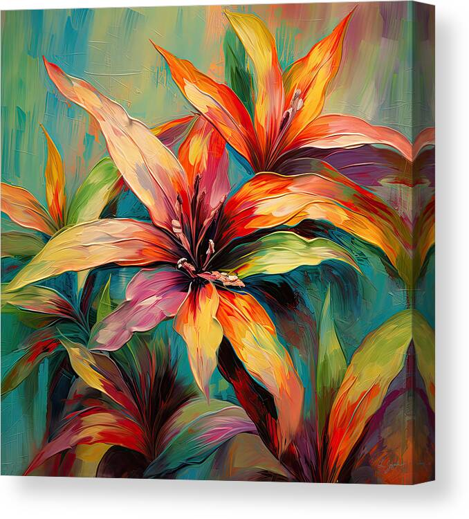 Tropical Leaves Canvas Print featuring the digital art Tropical Leaves Art - COlorful Tropical Leaves Art by Lourry Legarde
