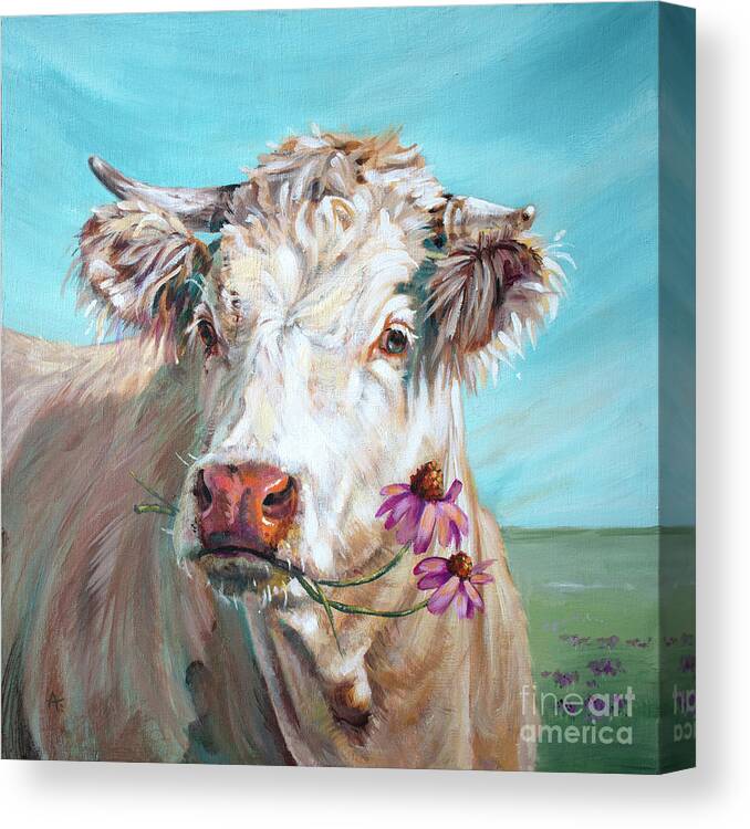 Cow Canvas Print featuring the painting Trouble 5.0 - Cow Painting by Annie Troe