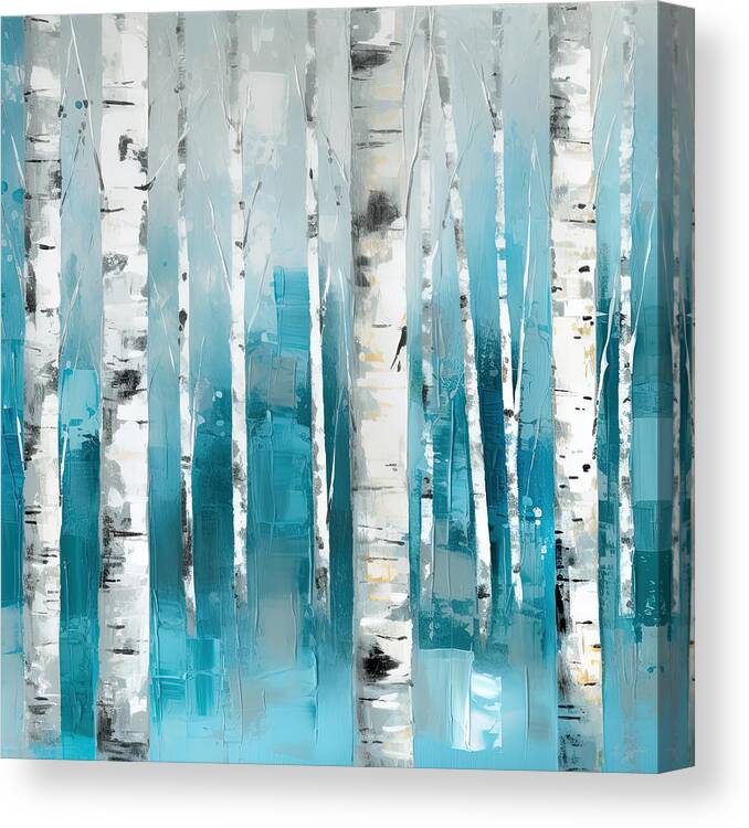 Turquoise Canvas Print featuring the painting Turquoise Birch trees II- Turquoise Art by Lourry Legarde