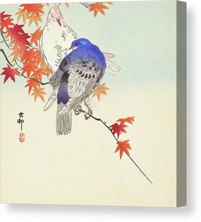 Birds Canvas Print featuring the painting Two pigeons on autumn branch by Ohara Koson