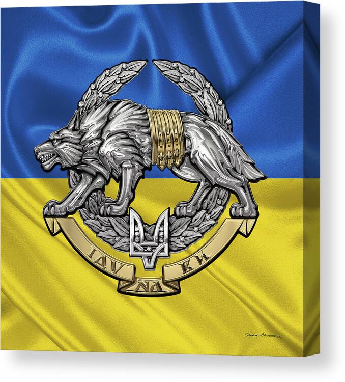 'military Insignia & Heraldry’ Collection By Serge Averbukh Canvas Print featuring the digital art Ukrainian Special Operations Forces - SSO Emblem over Ukrainian Colors by Serge Averbukh