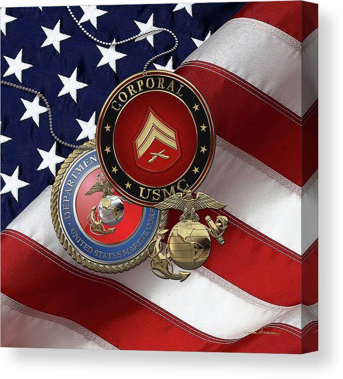 Military Insignia & Heraldry Collection By Serge Averbukh Canvas Print featuring the digital art U.S. Marine Corporal Rank Insignia with Seal and EGA over American Flag by Serge Averbukh