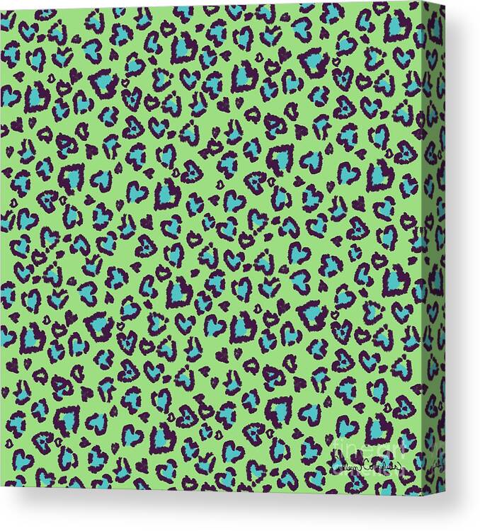 Heart Canvas Print featuring the digital art Valentine Leopard Pattern in Blue on Green by Colleen Cornelius