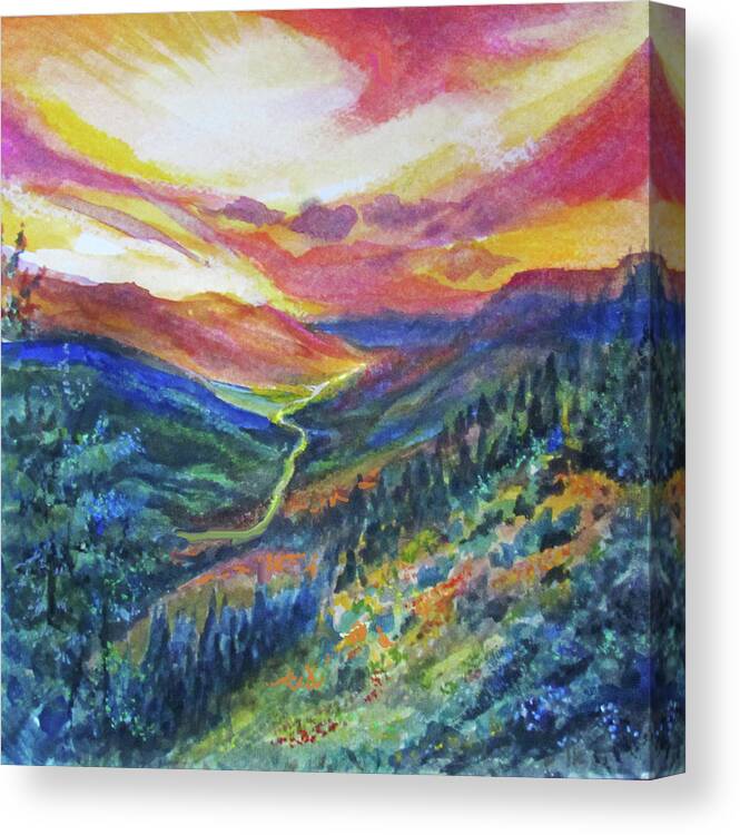 Colorful Mountain Valley Canvas Print featuring the painting Valley Mountain River by Jean Batzell Fitzgerald