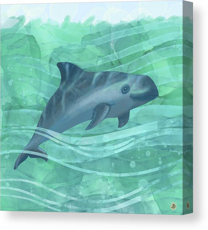 Porpoise Canvas Print featuring the digital art Vaquita Porpoise Swimming in Emerald Waters by Andreea Dumez