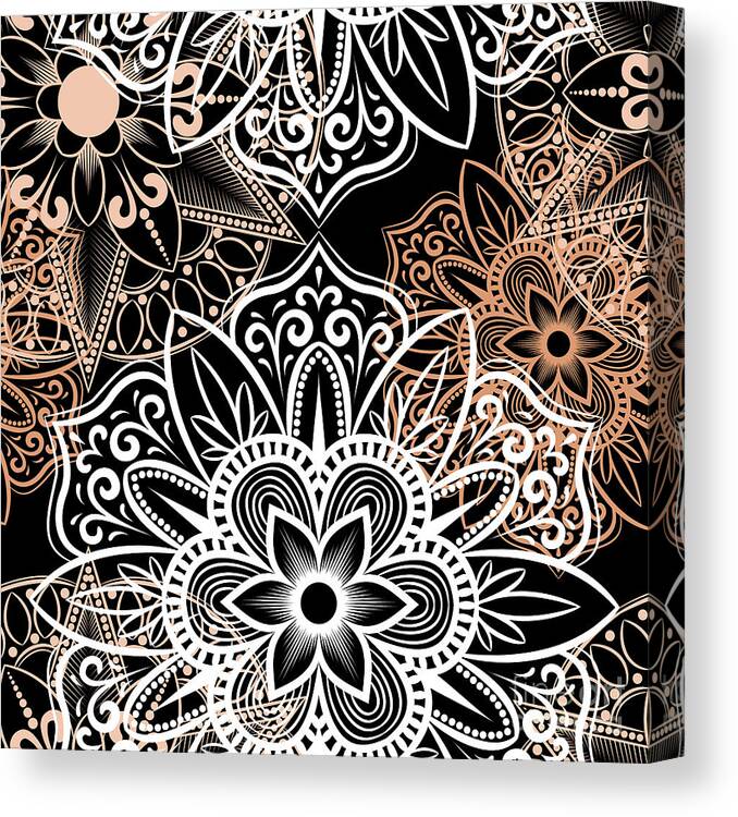 Colorful Canvas Print featuring the digital art Verona - Artistic White Cream Mandala Pattern in Black Background by Sambel Pedes