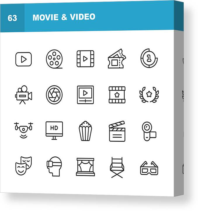Director Canvas Print featuring the drawing Video, Cinema, Film Line Icons. Editable Stroke. Pixel Perfect. For Mobile and Web. Contains such icons as Video Player, Film, Camera, Cinema, 3D Glasses, Virtual Reality, Theatre, Tickets, Drone, Directing, Television. by Rambo182