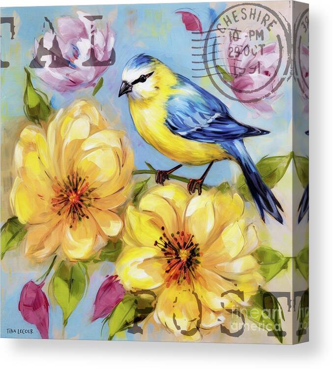 Bluetit Bird Canvas Print featuring the painting Vintage Bluetit Bird by Tina LeCour