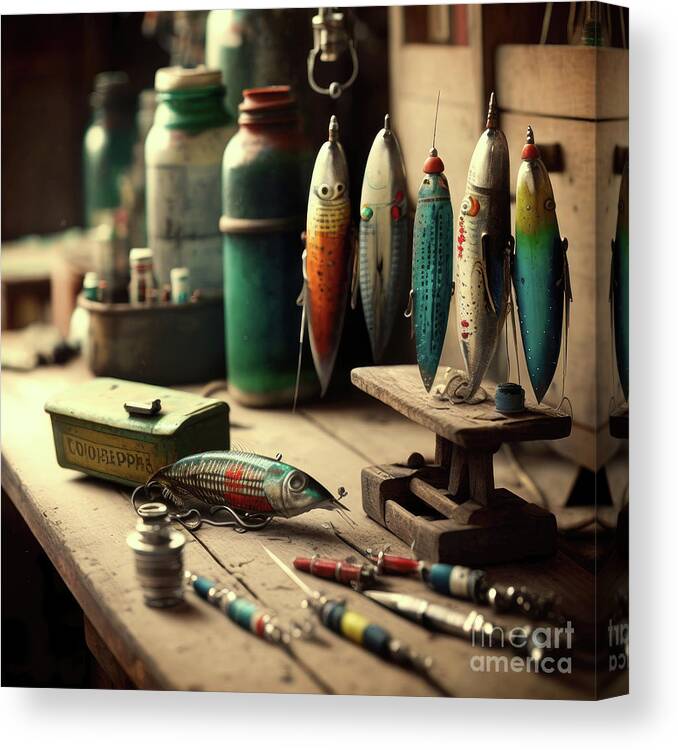 Vintage Fishing lures on Work Bench 2 Canvas Print