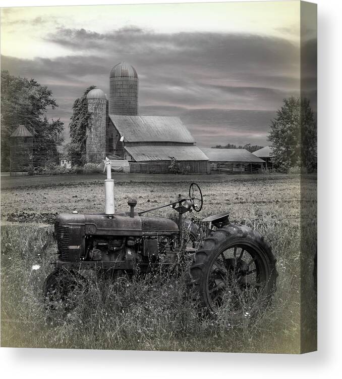 Barns Canvas Print featuring the photograph Vintage Tractor at the Country Farm by Debra and Dave Vanderlaan