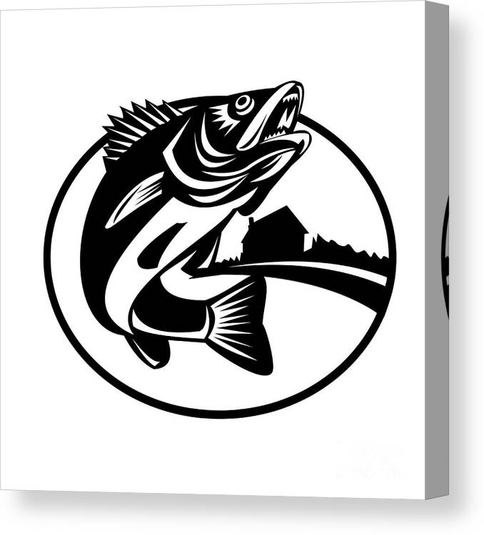 Walleye Fish Jumping Up With Lake Cabin Oval Retro Black and White Canvas  Print / Canvas Art by Aloysius Patrimonio - Fine Art America