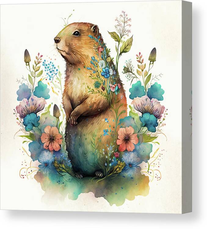 Groundhog Canvas Print featuring the digital art Watercolor Animal 30 Cute Groundhog by Matthias Hauser
