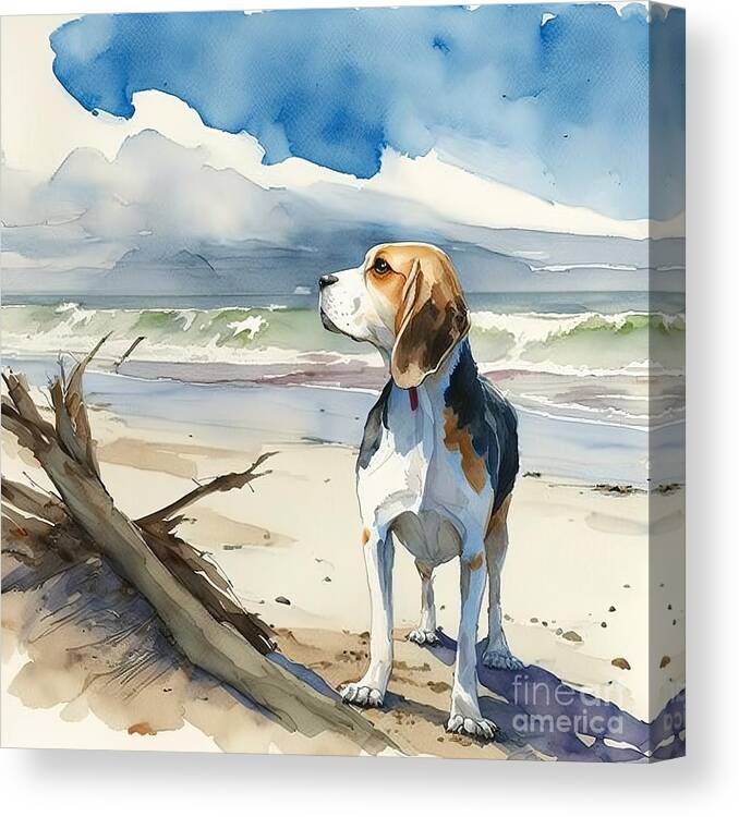 Animal Canvas Print featuring the painting Watercolor Beagle Dog Dog At The Beach by N Akkash